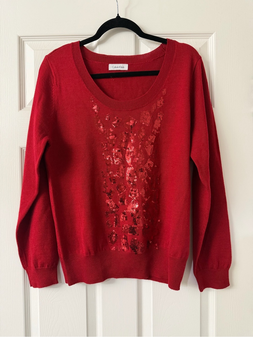 Calvin Klein Red Sequin Wool-Blend Long-Sleeve Knit Sweater